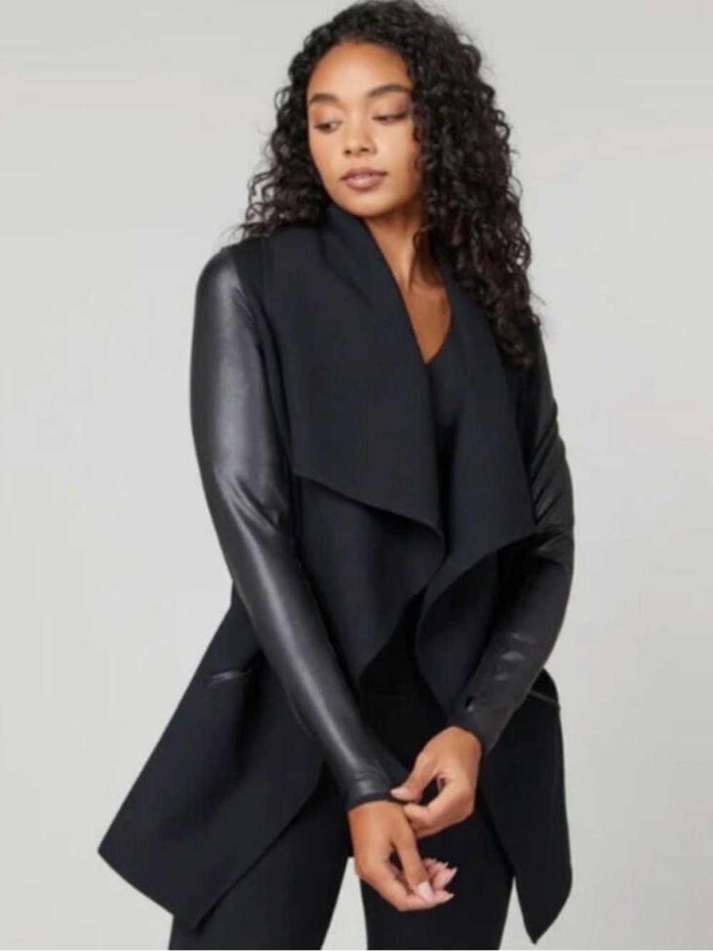 SPANX Draped Front Jacket with Faux-Leather Sleeves NWT - Picture 2 of 4